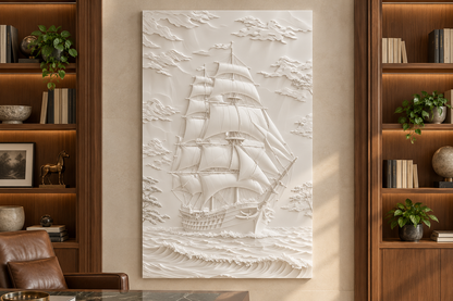 Front view of the white Tall Ship Seascape Corian Wall Panel in a Mumbai walnut study with a pale stone wall