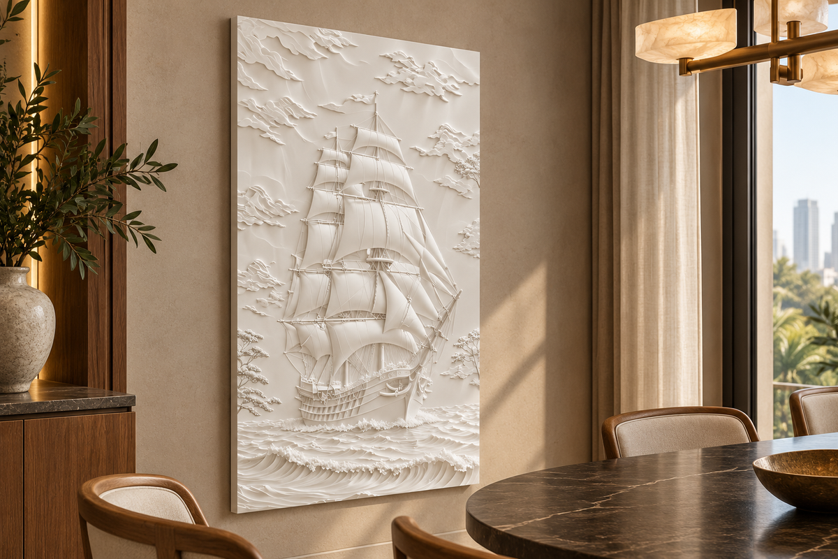 Left-angle view of the white Tall Ship Seascape Corian Wall Panel in a Mumbai taupe dining room with oak chairs