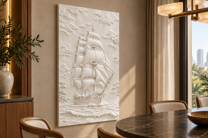 Left-angle view of the white Tall Ship Seascape Corian Wall Panel in a Mumbai taupe dining room with oak chairs