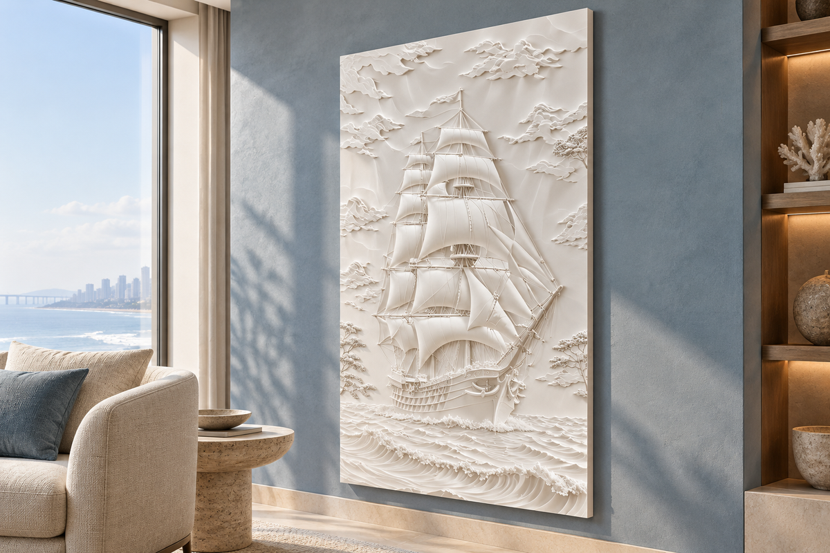 Right-angle view of the white Tall Ship Seascape Corian Wall Panel in a Mumbai blue-grey coastal lounge