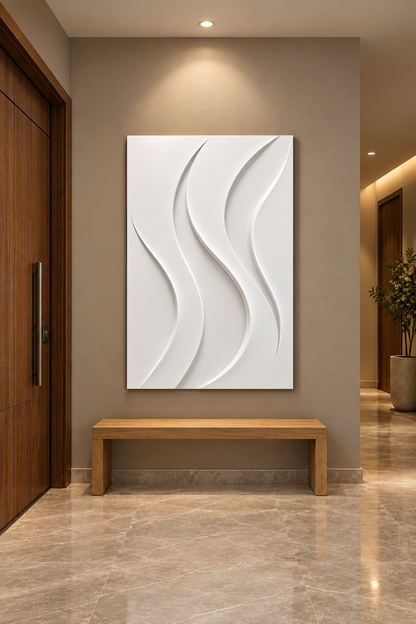 Tapered Flame Flow Corian wall panel, front view in a Mumbai entrance foyer