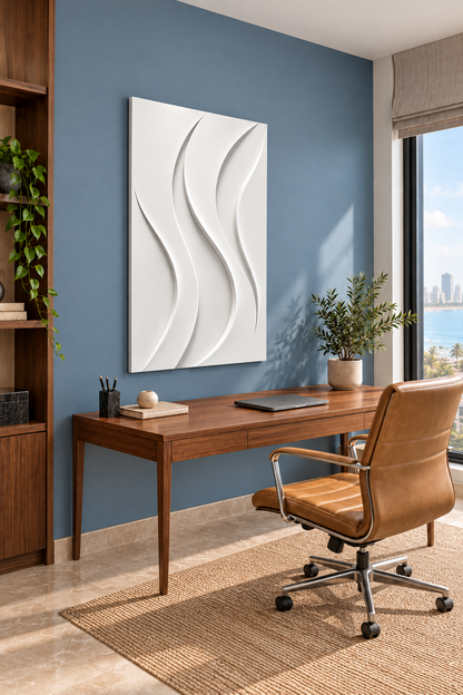 Tapered Flame Flow Corian wall panel, left view in a Mumbai home office