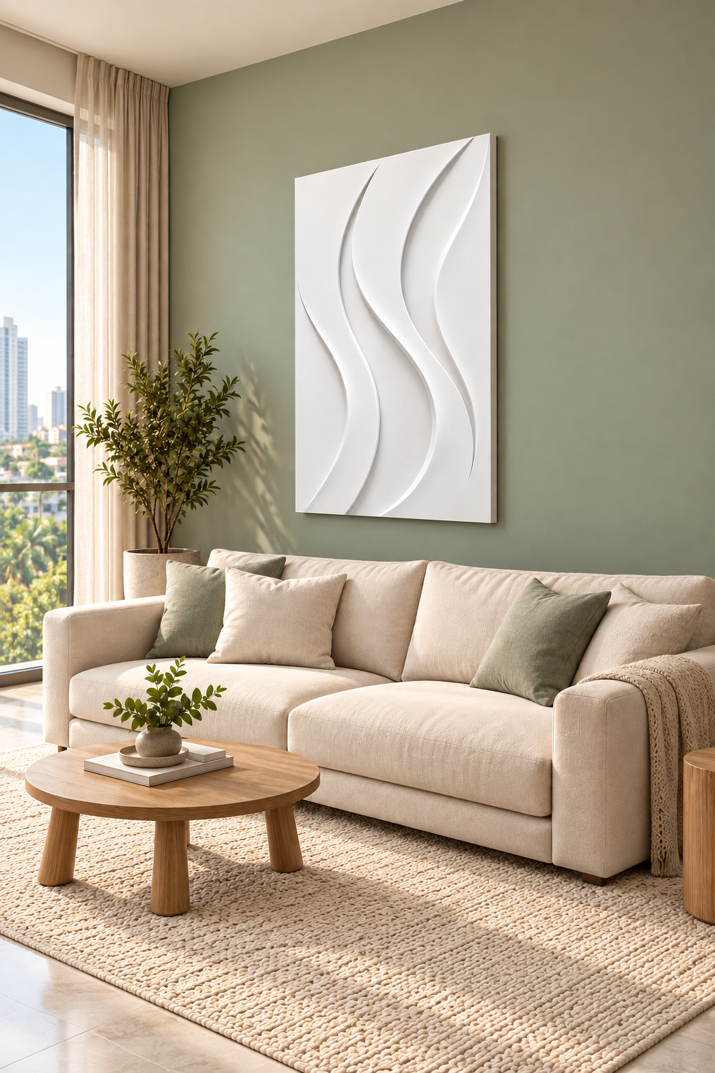 Tapered Flame Flow Corian wall panel, right view in a Mumbai living room