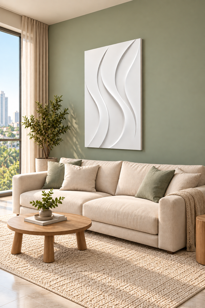 Tapered Flame Flow Corian wall panel, right view in a Mumbai living room