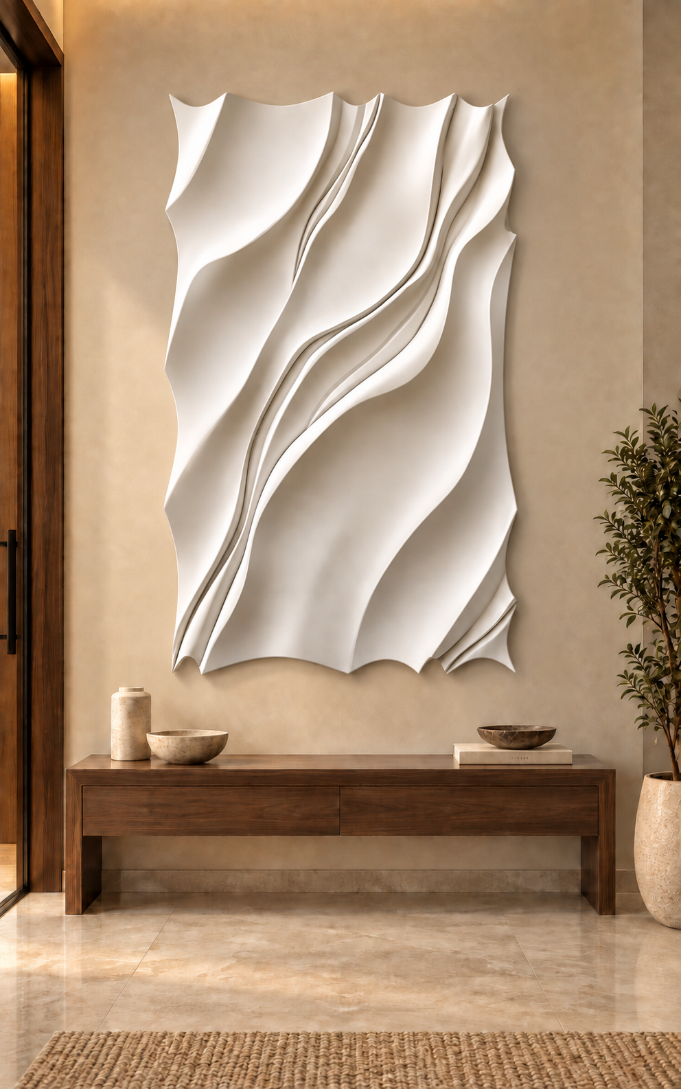 Tapered Sail Folds Corian wall panel, front view in a Mumbai contemporary entrance foyer; AI-assisted concept visualisation