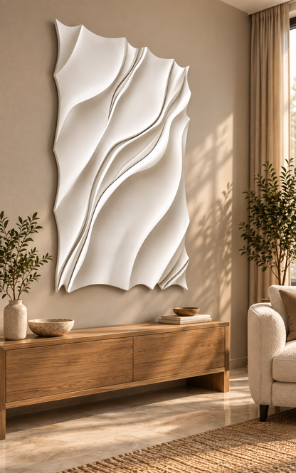 Tapered Sail Folds Corian wall panel, left view in a Mumbai living room side wall; AI-assisted concept visualisation