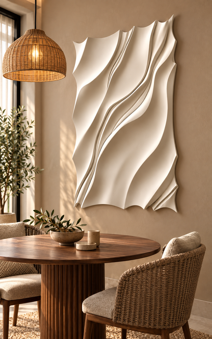 Tapered Sail Folds Corian wall panel, right view in a Mumbai dining nook; AI-assisted concept visualisation