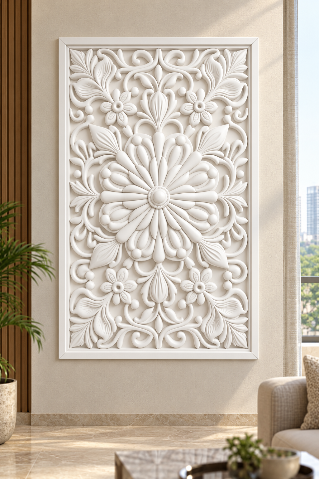 Teardrop Bloom Garden Corian wall panel, front view on a family lounge wall in a Mumbai home; AI-assisted concept visualisation