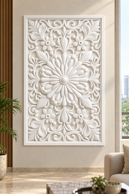 Teardrop Bloom Garden Corian wall panel, front view on a family lounge wall in a Mumbai home; AI-assisted concept visualisation