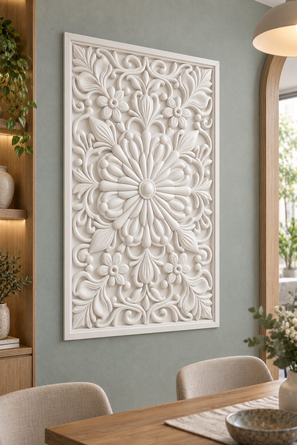 Teardrop Bloom Garden Corian wall panel, left view on a dining room alcove in a Mumbai home; AI-assisted concept visualisation