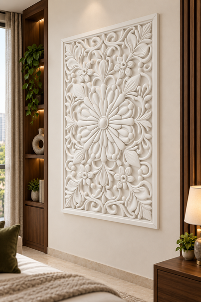Teardrop Bloom Garden Corian wall panel, right view on a bedroom reading wall in a Mumbai home; AI-assisted concept visualisation