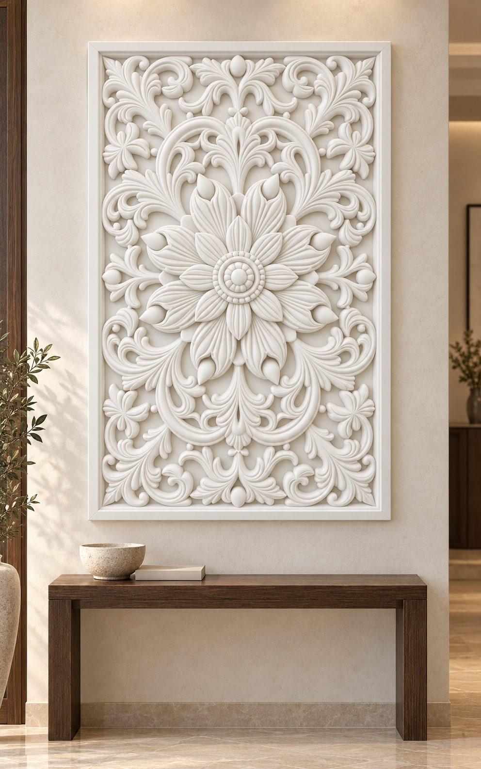 Teardrop Bud Floral Crown Corian wall panel, front view on a formal entrance foyer wall in a Mumbai home; AI-assisted concept visualisation