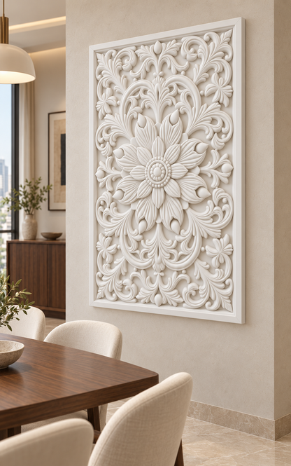 Teardrop Bud Floral Crown Corian wall panel, right view on a dining room feature wall in a Mumbai home; AI-assisted concept visualisation