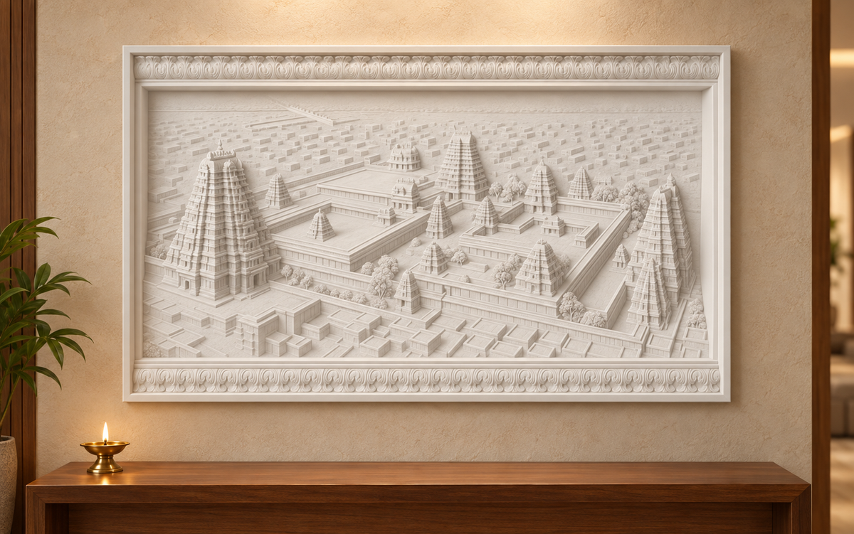 Temple Courtyard Panorama Corian wall panel, 4 x 2.5 ft, front view in a prayer lounge