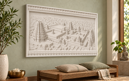 Temple Courtyard Panorama Corian wall panel, 4 x 2.5 ft, left view in a meditation alcove
