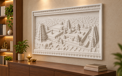 Temple Courtyard Panorama Corian wall panel, 4 x 2.5 ft, right view in a devotional study
