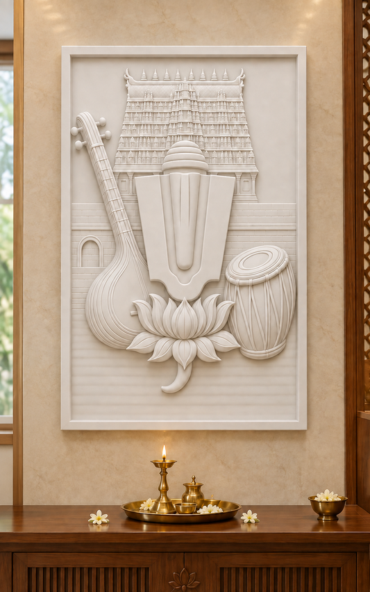 Temple Lotus Emblem Corian wall panel, front view in a Chembur family mandir, with shallow satin white relief