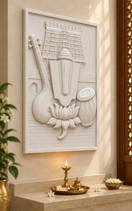 Temple Lotus Emblem Corian wall panel, left view in a Matunga prayer room, with shallow satin white relief
