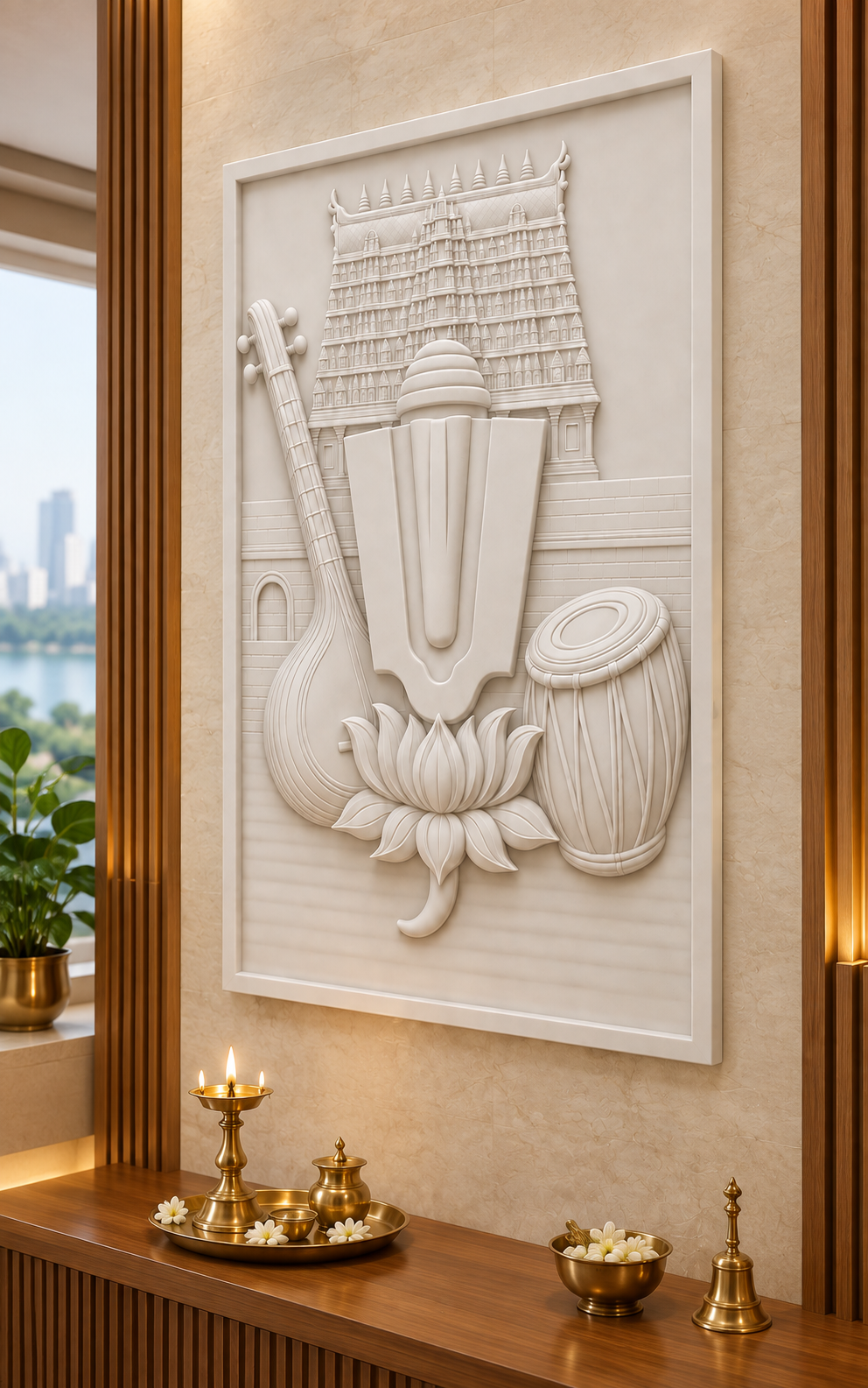 Temple Lotus Emblem Corian wall panel, right view in a Powai pooja alcove, with shallow satin white relief