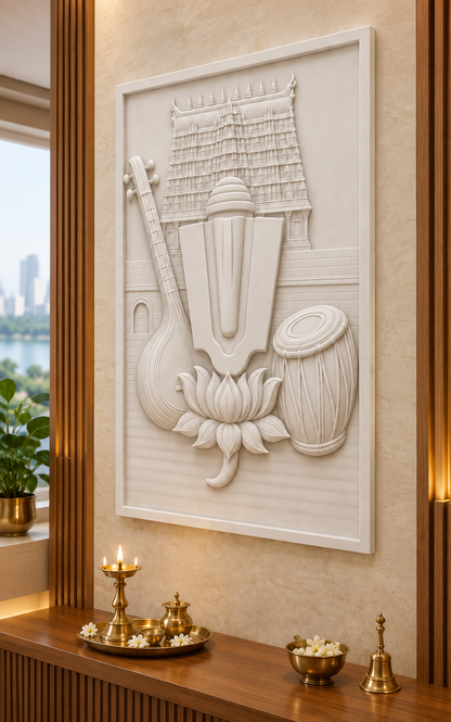 Temple Lotus Emblem Corian wall panel, right view in a Powai pooja alcove, with shallow satin white relief