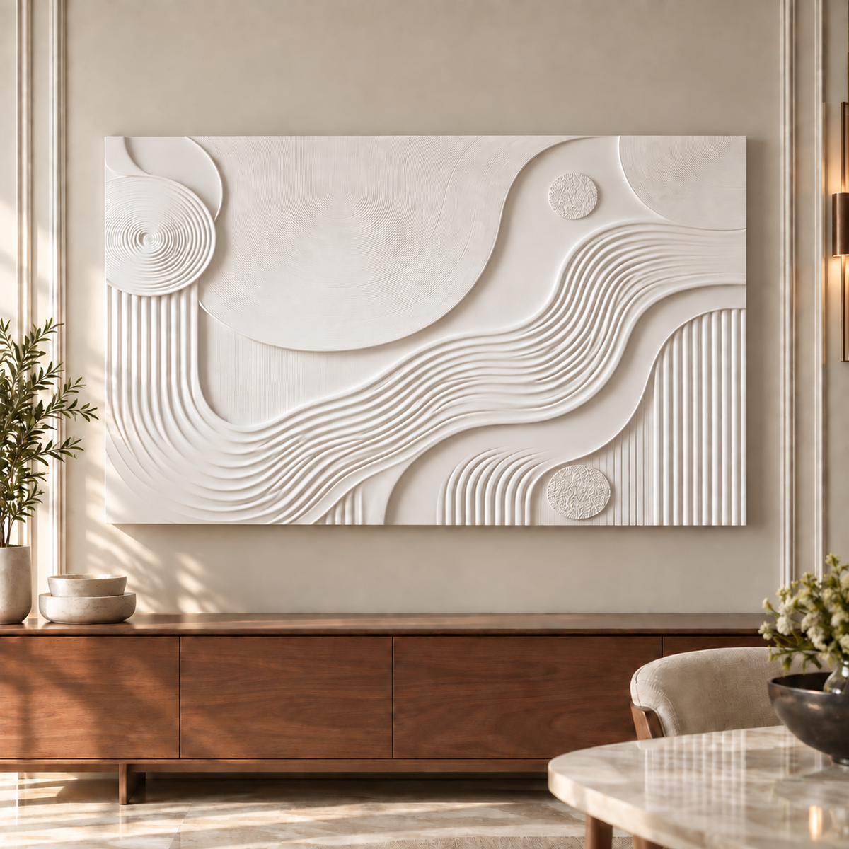Terraced Current Discs Corian wall panel, front view in a Mumbai dining room sideboard wall; AI-assisted concept visualisation
