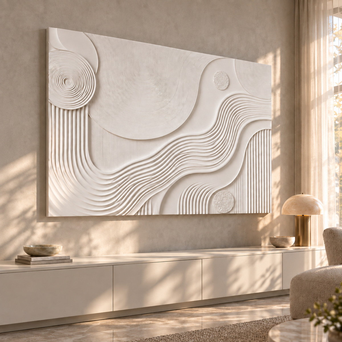 Terraced Current Discs Corian wall panel, left view in a Mumbai living room console wall; AI-assisted concept visualisation