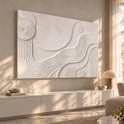 Terraced Current Discs Corian wall panel, left view in a Mumbai living room console wall; AI-assisted concept visualisation