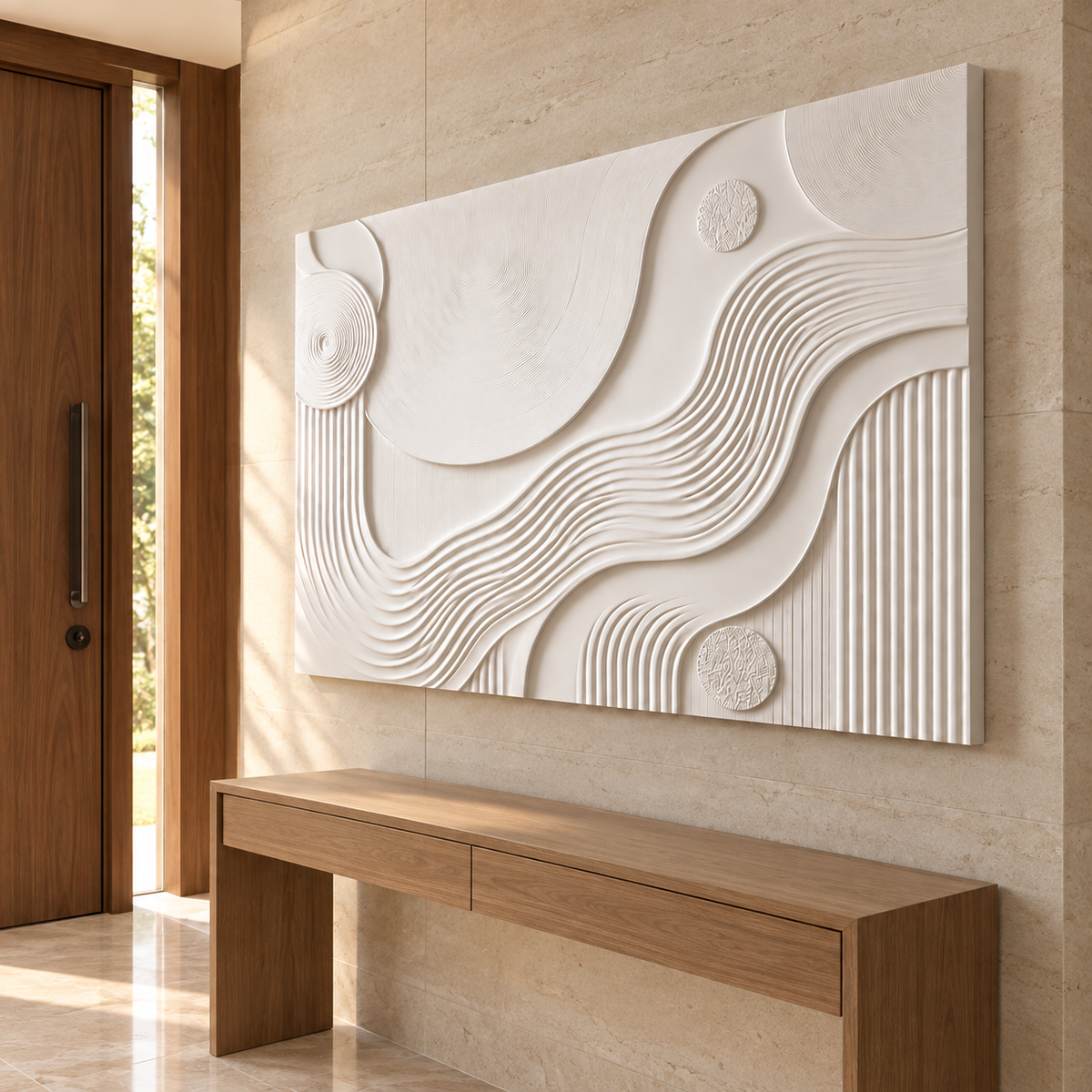 Terraced Current Discs Corian wall panel, right view in a Mumbai entrance reception area; AI-assisted concept visualisation
