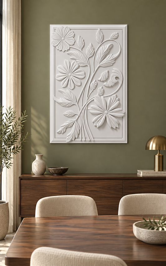 Three Blossom Leaf Scroll Corian wall panel, front view in a Mumbai dining room with a muted olive wall, walnut sideboard and beige chairs.