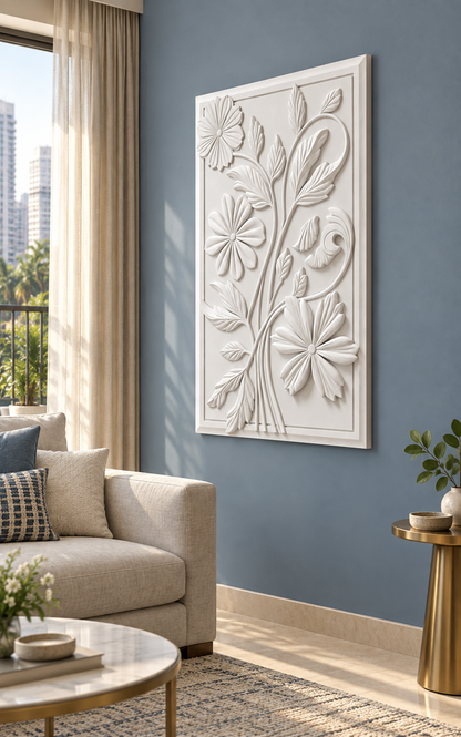 Three Blossom Leaf Scroll Corian wall panel, right view in a Mumbai family living room with a dusty blue wall, linen sofa and brass side table.