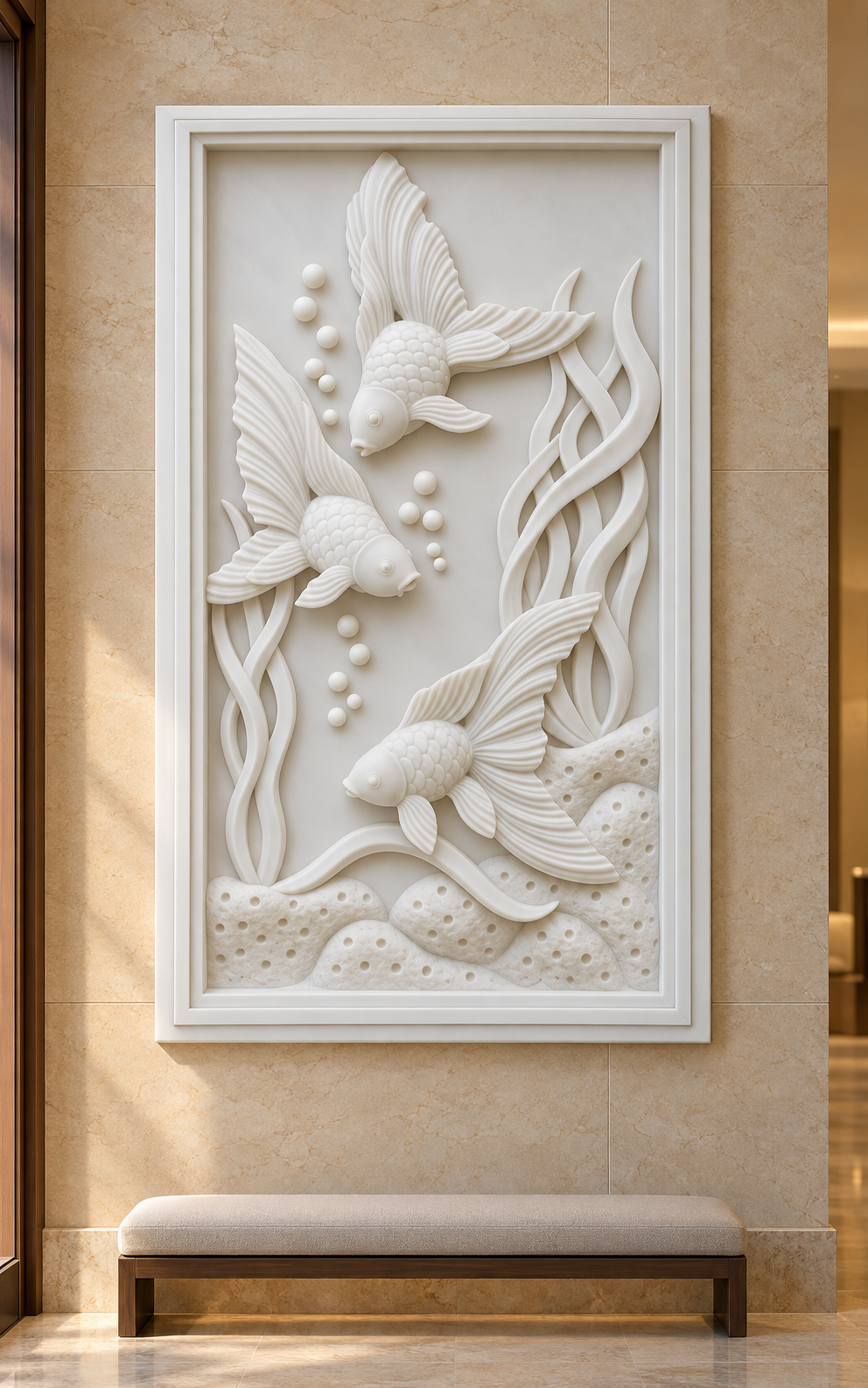 Three Goldfish Water Garden Corian wall panel, 2.5 x 4 ft, front view in entrance passage, 12-24 mm total depth