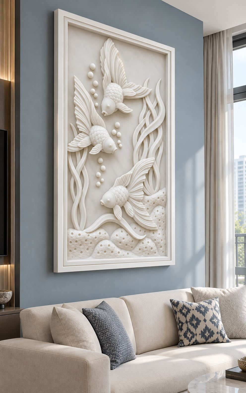 Three Goldfish Water Garden Corian wall panel, 2.5 x 4 ft, left view in family living room, 12-24 mm total depth