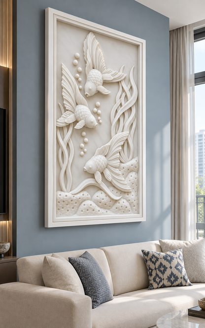Three Goldfish Water Garden Corian wall panel, 2.5 x 4 ft, left view in family living room, 12-24 mm total depth
