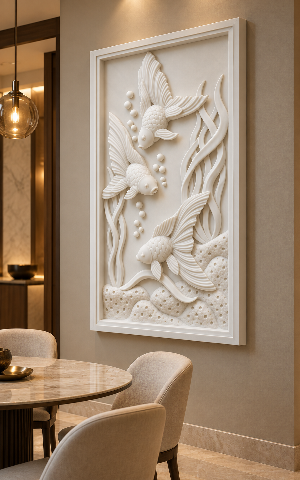 Three Goldfish Water Garden Corian wall panel, 2.5 x 4 ft, right view in dining alcove, 12-24 mm total depth
