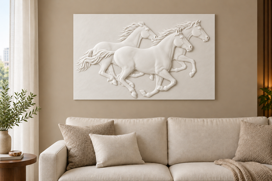 CWP-648 Three Horse Gallop Corian Wall Panel, 4 ft wide x 2.5 ft high, front view in a Mumbai living room; AI-assisted concept visualisation