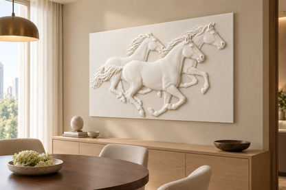 CWP-648 Three Horse Gallop Corian Wall Panel, 4 ft wide x 2.5 ft high, right view in a Mumbai dining room; AI-assisted concept visualisation