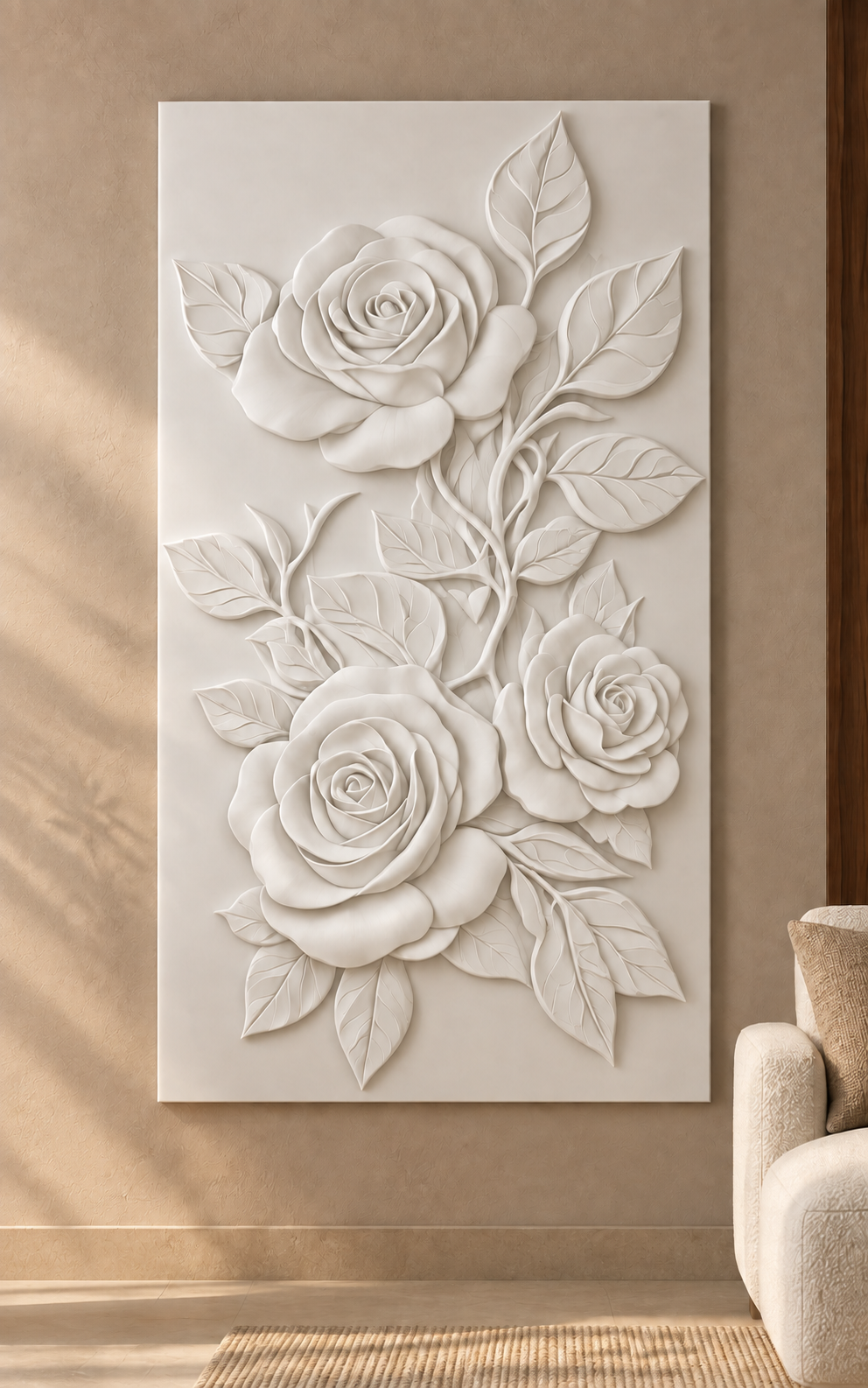 Three Rose Climber Corian wall panel, front view in a Bandra apartment living room