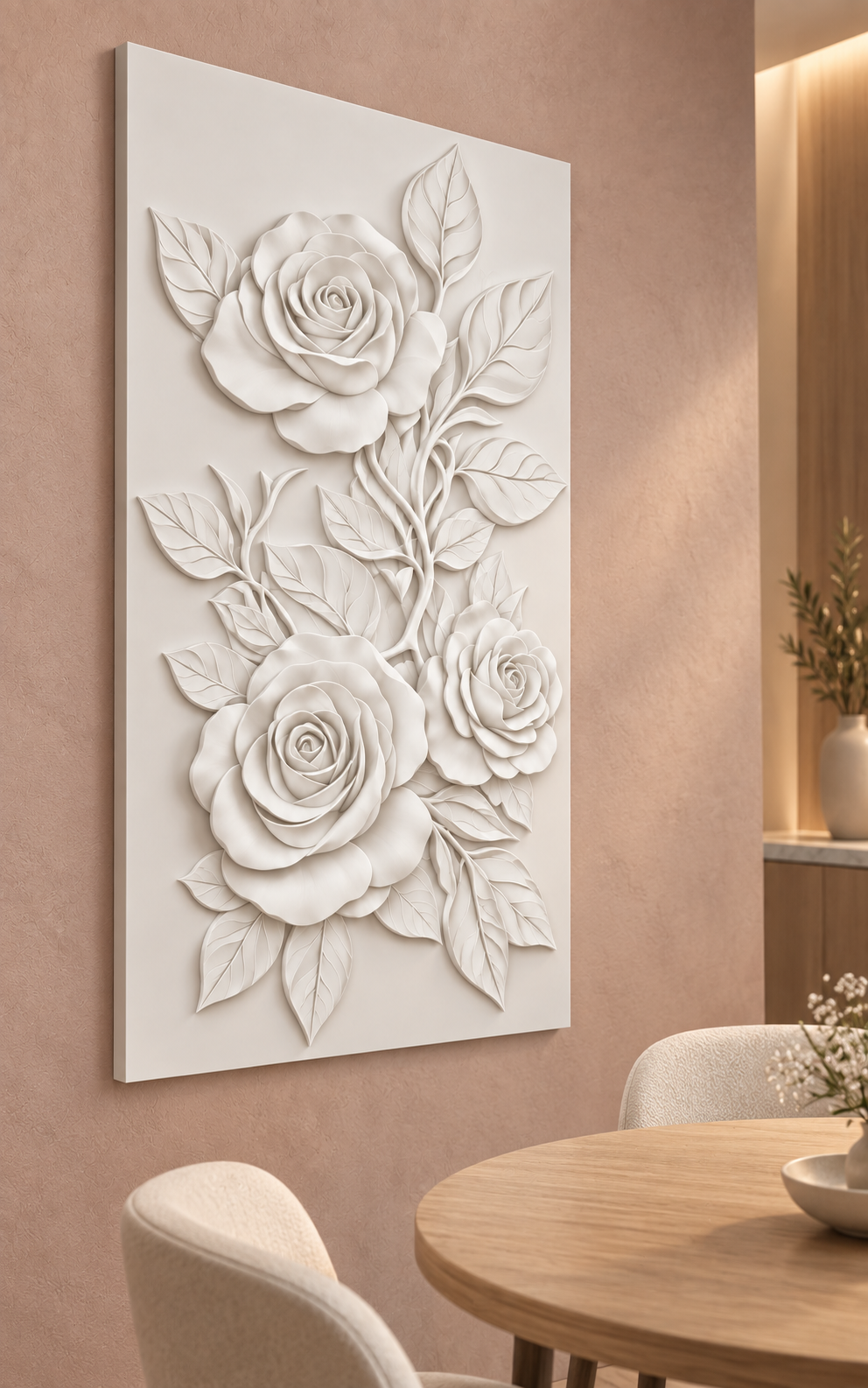 Three Rose Climber Corian wall panel, left view in a Juhu apartment dining nook