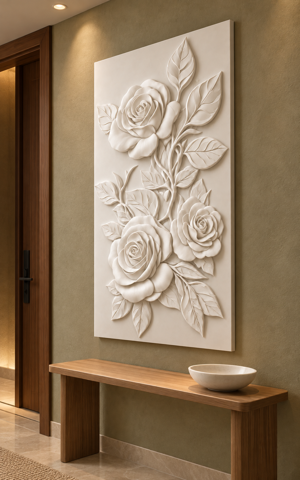 Three Rose Climber Corian wall panel, right view in a Powai apartment entrance gallery