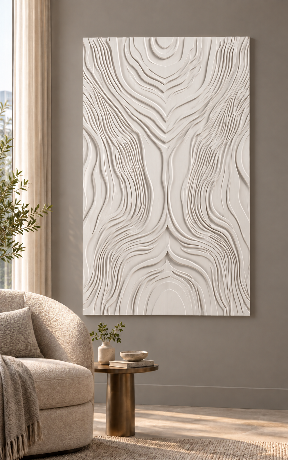 Tidal Grain Confluence Corian wall panel, front view in a Mumbai living room reading corner; AI-assisted concept visualisation