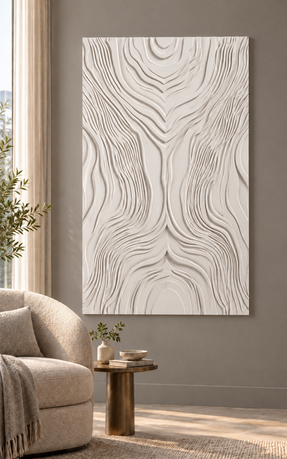 Tidal Grain Confluence Corian wall panel, front view in a Mumbai living room reading corner; AI-assisted concept visualisation