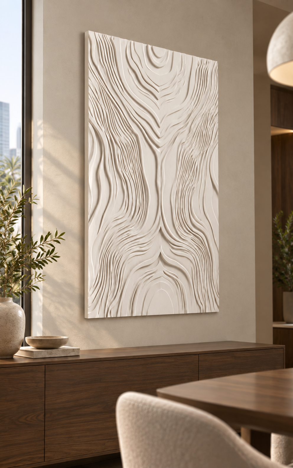 Tidal Grain Confluence Corian wall panel, left view in a Mumbai dining room accent wall; AI-assisted concept visualisation