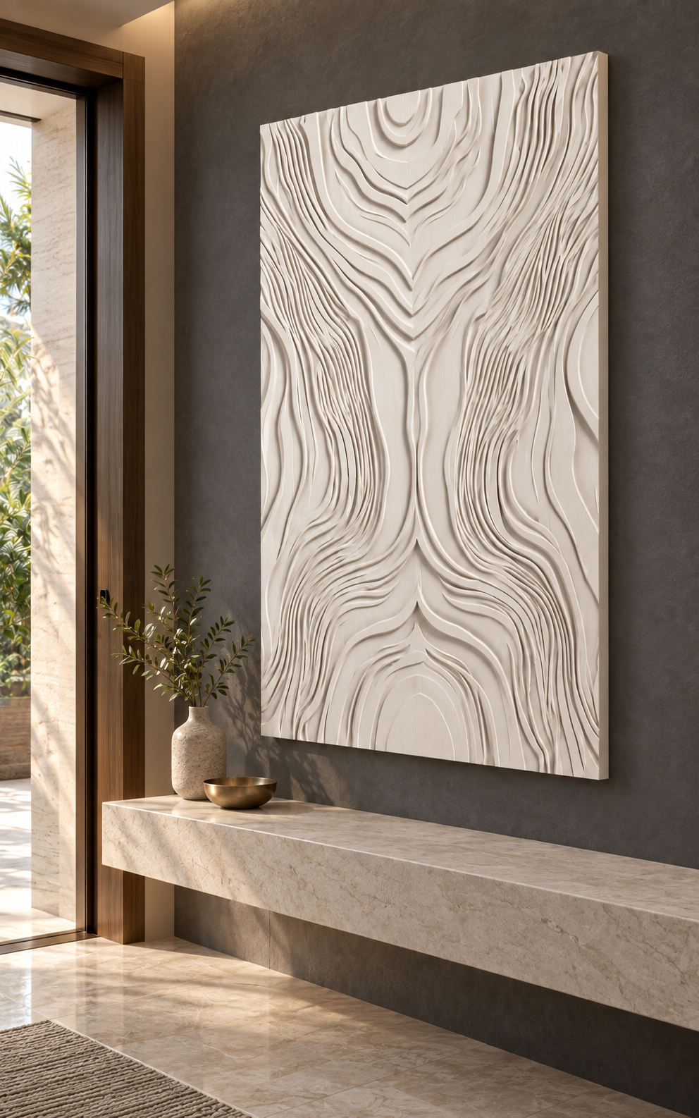 Tidal Grain Confluence Corian wall panel, right view in a Mumbai entrance reception area; AI-assisted concept visualisation
