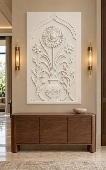 Tied Leaf Sprays Floral Urn Corian wall panel, front view in a refined Mumbai apartment foyer with a walnut console and brass lighting; AI-assisted concept visualisation