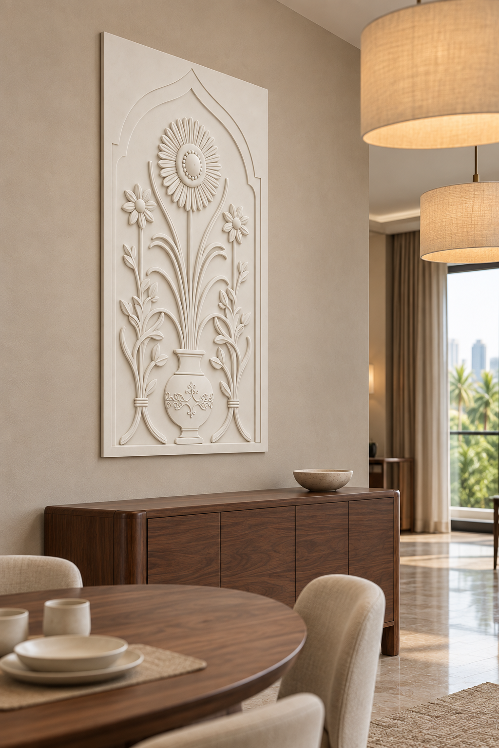 Tied Leaf Sprays Floral Urn Corian wall panel, left view in a Mumbai dining nook with a dark walnut sideboard, oval table and linen pendants; AI-assisted concept visualisation