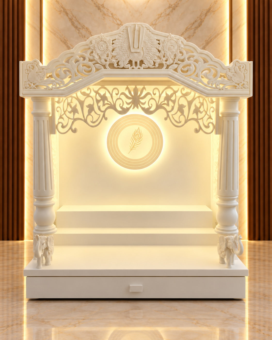 Front view of the traditional Corian mandir with ornate arch, round fluted pillars, elephant bases and backlit feather medallion. Reference-guided styled visualization.