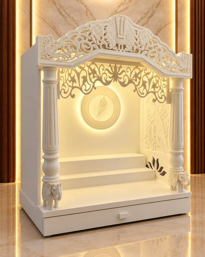 Front-left view of the traditional Corian mandir, with a plain outer side, inner peacock relief, round pillars and stepped altar. Reference-guided styled visualization.