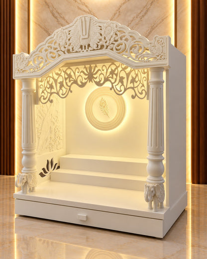 Front-right view of the traditional Corian mandir with plain outer side and inner 3D peacock relief, lotus opening and round pillars. Reference-guided styled visualization.