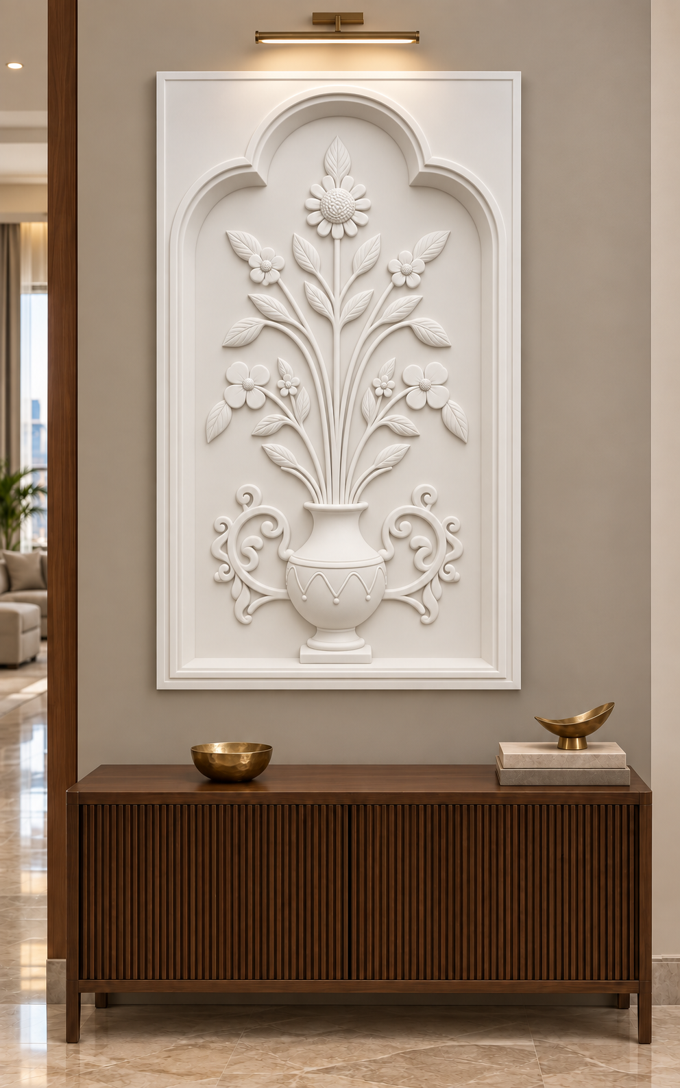 Trefoil Blossom Handled Urn Corian wall panel, front view in a refined Mumbai apartment foyer with a walnut console and brass lighting; AI-assisted concept visualisation