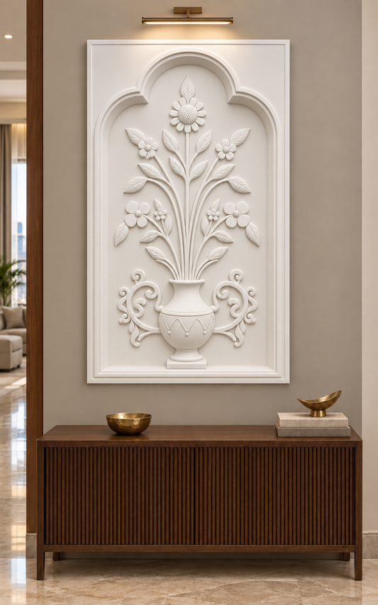 Trefoil Blossom Handled Urn Corian wall panel, front view in a refined Mumbai apartment foyer with a walnut console and brass lighting; AI-assisted concept visualisation